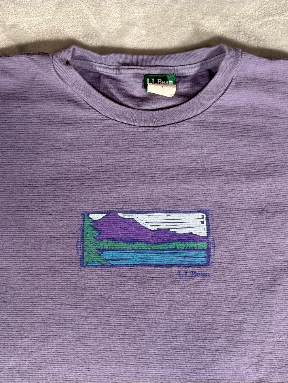 Vintage LL Bean Box Logo T Shirt Mens L Nature Graphic Light Purple 90s